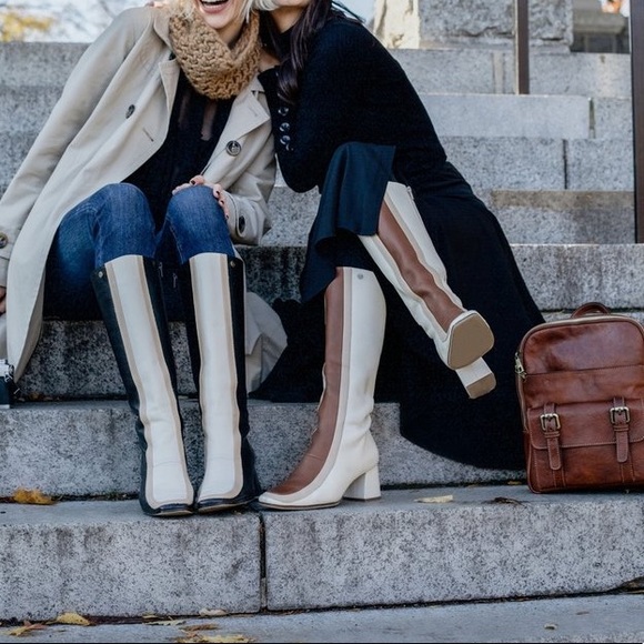 70s Revival Leather Colorblock Knee-High Heeled Boots - Picture 4 of 15